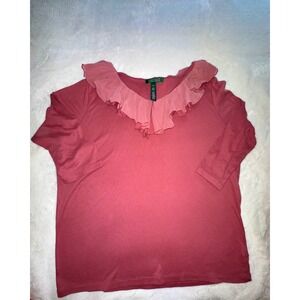Lauren Ralph Lauren Knit Top‎ Ruffle Neck 3/4 Sleeve Blouse Plus Size 1X
